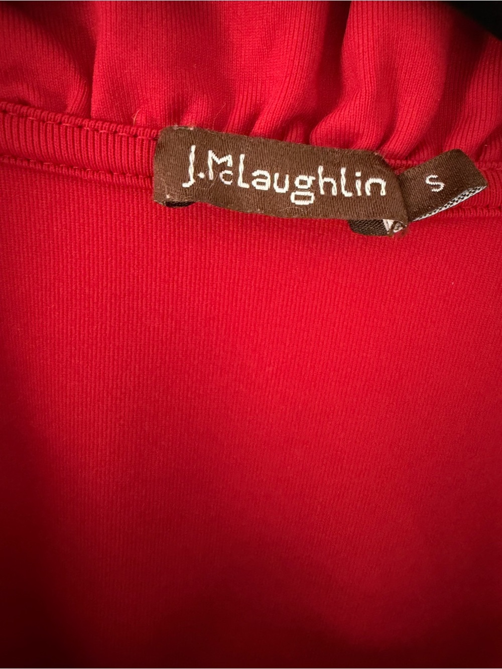 J. McLaughlin Red Ruffle Neck Top Size Small 3/4 Sleeve Stretch Knit - Picture 4 of 6